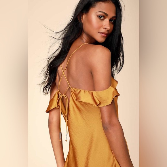 FREE PEOPLE What I Want Golden Yellow Satin Off-the-Shoulder Slip Dress (D10) - Picture 4 of 9
